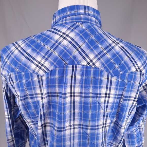 Wrangler Wrancher Western Blue Plaid Shirt Size Men's Xl Pearl Snap Long Sleeve - Picture 8 of 11